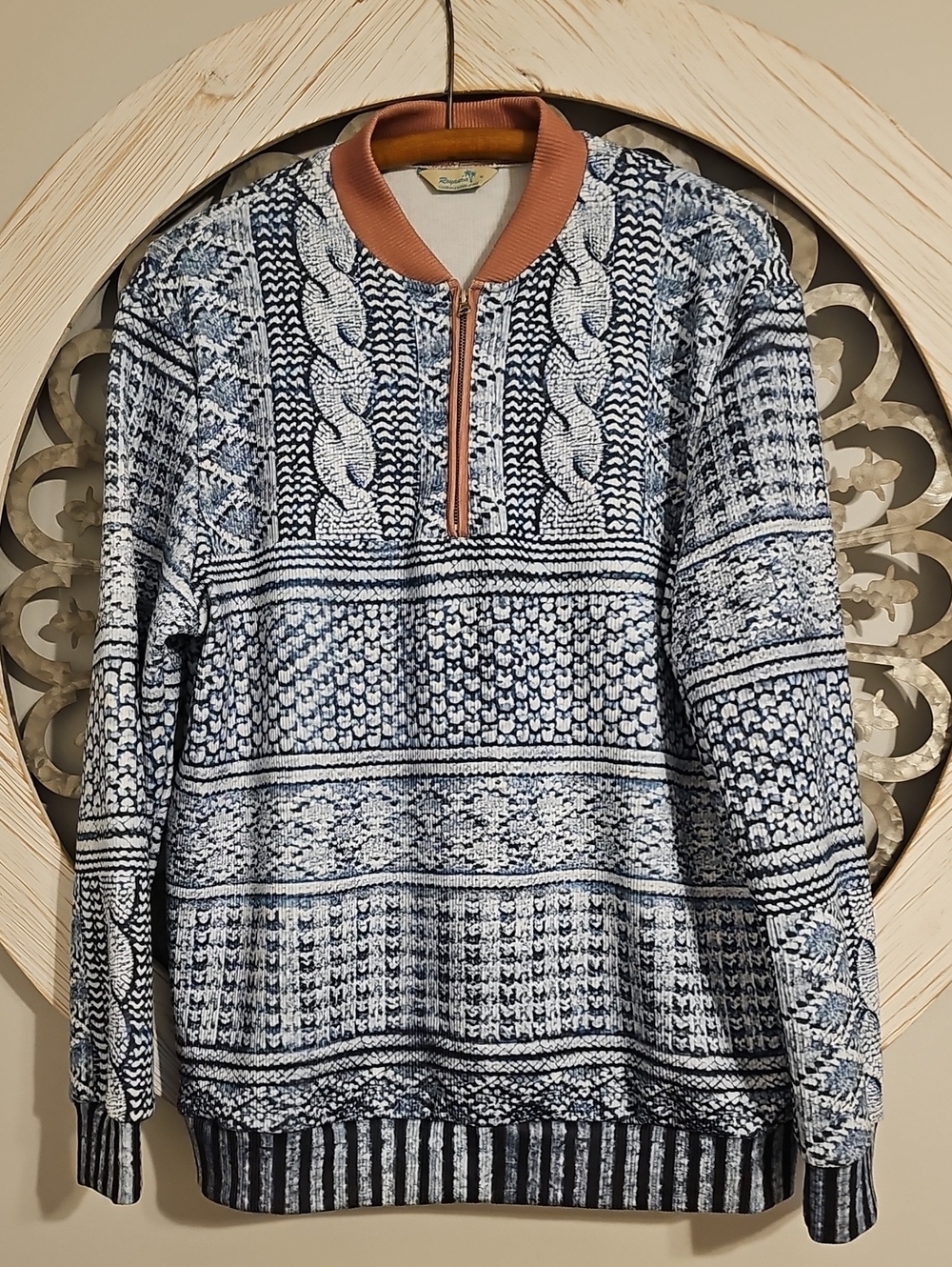 Navy & White Patterned Pullover with Rust Collar